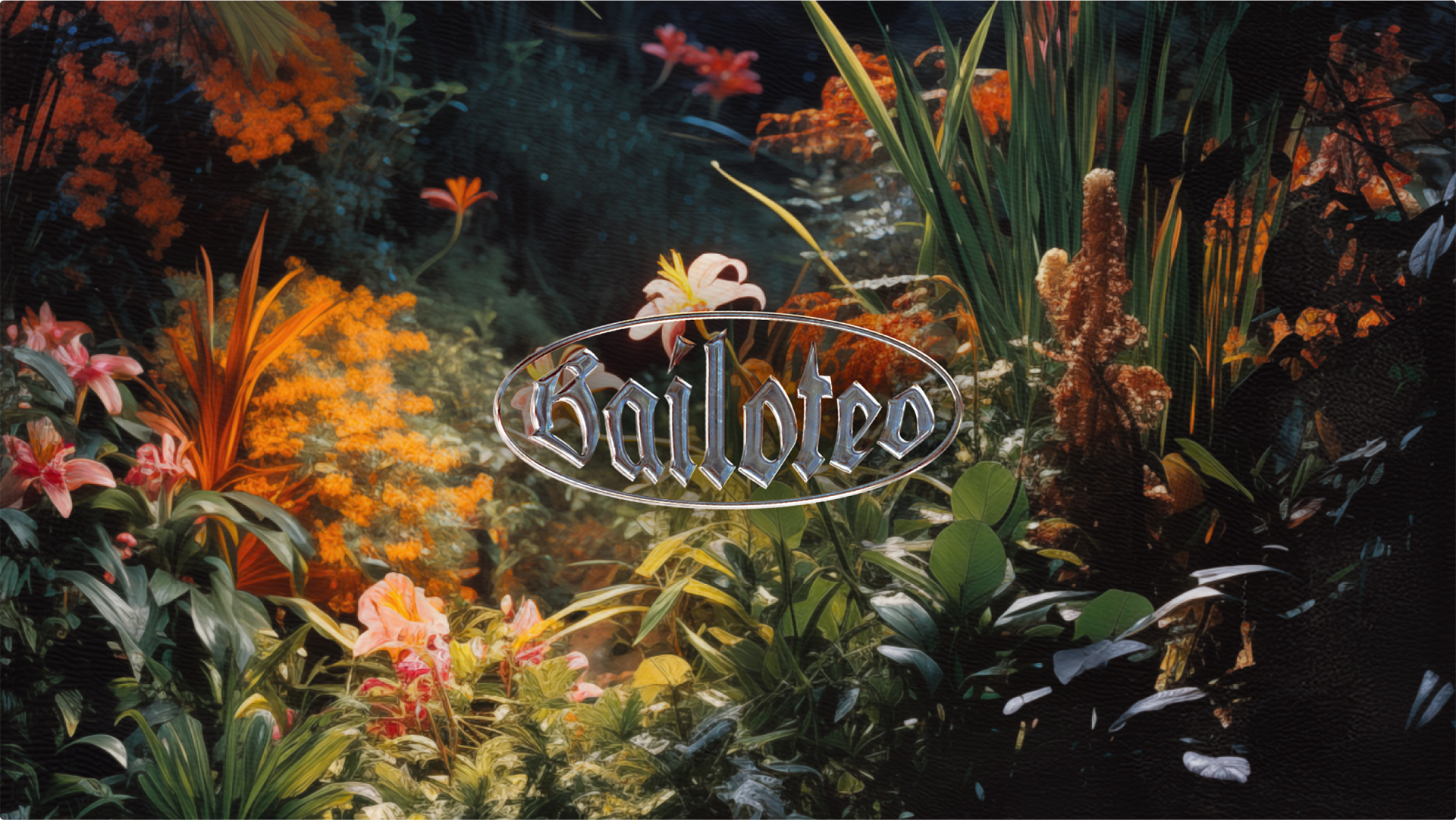 Bailoteo logo rendered as metal in a lush jungle scenery