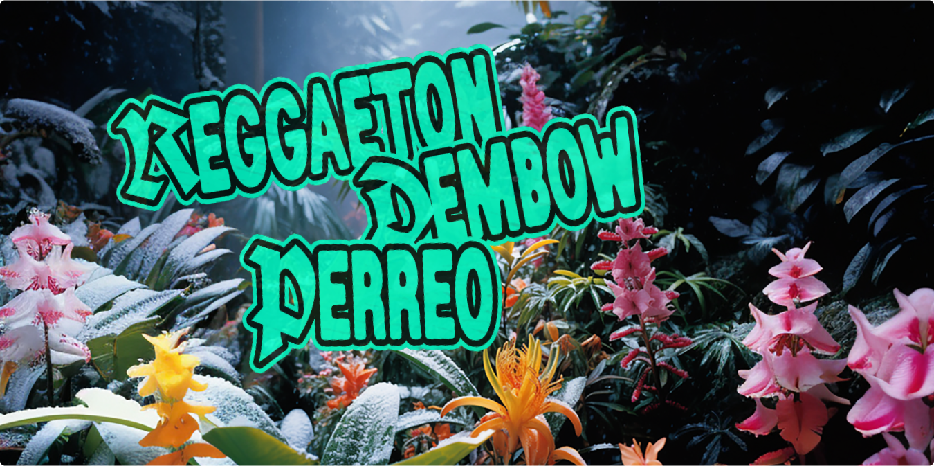 "Reggaeton, Dembow, Perreo" rendered as paper strickers in a snow covered jungle scenery