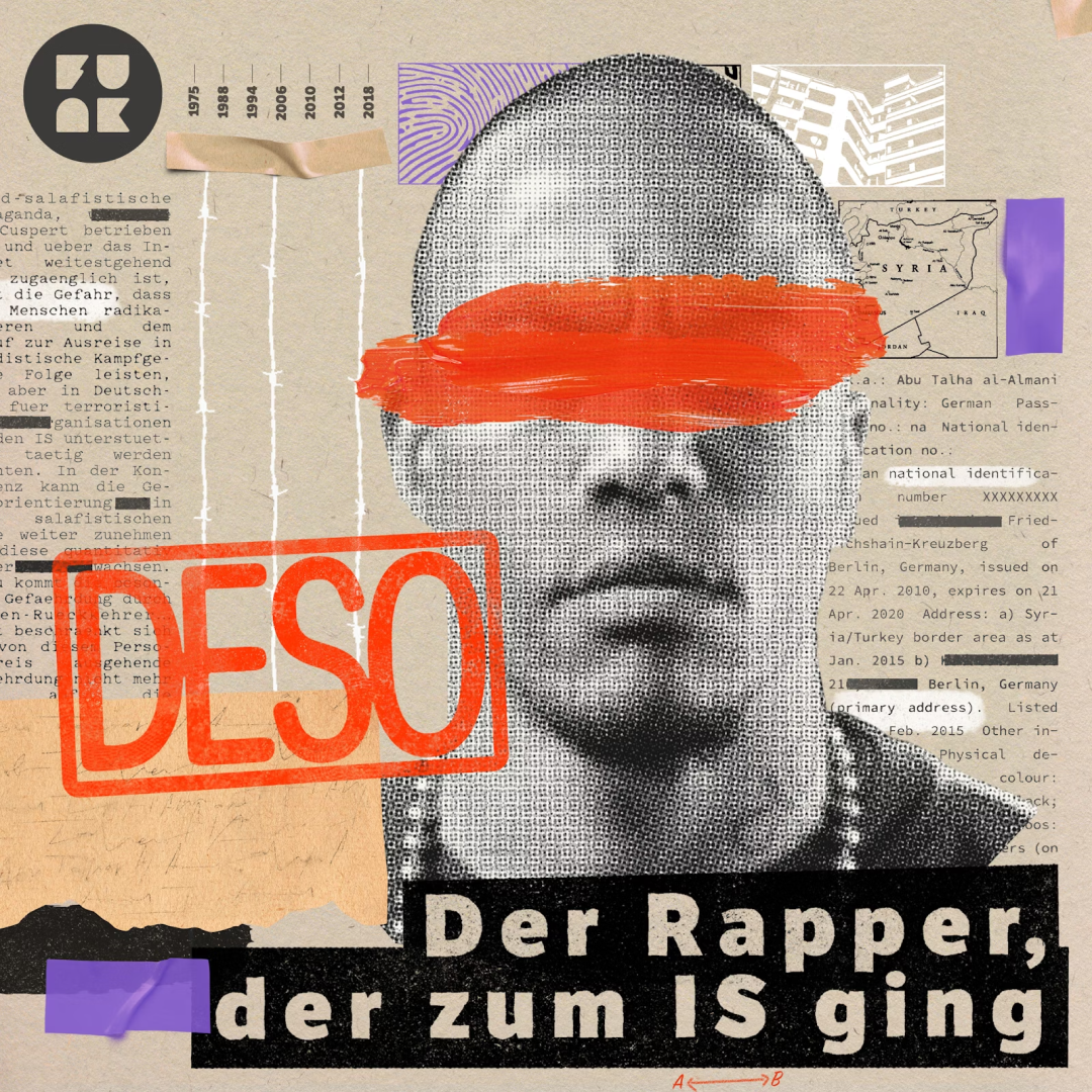 Cover artwork of the podcast DESO – Der Rapper der zum IS ging, showing a crime board type collage